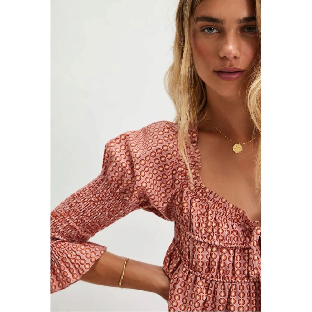 Free People Retro 70s Babydoll Star Dip Mini Dress in Red Combo Size Medium - Picture 3 of 12